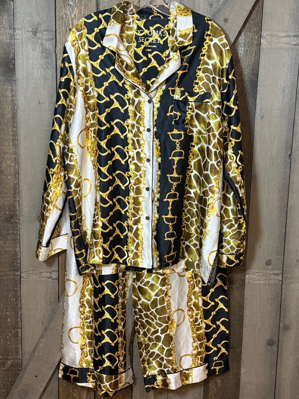 Victoria’s Secret Pajama Set L Gold Chain Baroque Animal Print Satin Maximalist